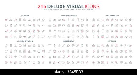 Nutrizione alimentare, elettrodomestici di cucina, pulizia di mobili e abitazioni, set di icone della linea Smart Home. Utensili e strumenti per cucinare sottili simboli di contorno neri e rossi illustrazione vettoriale Illustrazione Vettoriale