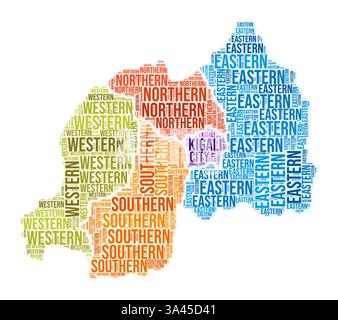 Nuvola di parole della regione del Ruanda. Design a forma di paese. Illustrazione colorata del Ruanda. Fumetto collage nomi regione. Illustrazione vettoriale. Illustrazione Vettoriale