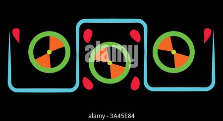 logo geometrico luminoso; bordi astratti con colori al neon su sfondo nero Illustrazione Vettoriale