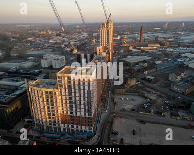 Immagine aerea dei grattacieli develipong su Strangeways, Manchester Regno Unito Foto Stock