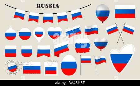 bandiera della russia impostata. Collezione di varie bandiere nazionali con forme diverse come cuore, scudo, uovo di pasqua, posizione, cerchio, postmark, grunge, square, ro Illustrazione Vettoriale
