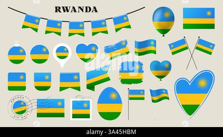 set bandiera ruanda. Collezione di varie bandiere nazionali con forme diverse come cuore, scudo, uovo di pasqua, posizione, cerchio, postmark, grunge, square, ro Illustrazione Vettoriale