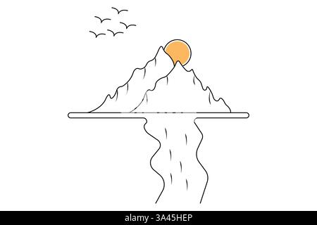 Disegno grafico a una linea continua di montagna con illustrazione vettoriale del contorno Illustrazione Vettoriale