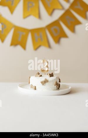 Torta di compleanno fatta in casa con dolcetti e candela con un numero tre. Area fotografica decorata per festeggiare il compleanno degli animali domestici a casa. Сoncept di lo Foto Stock