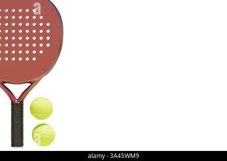 Una racchetta da tennis e due palline pronte per giocare su uno sfondo isolato. rendering 3d. Foto Stock