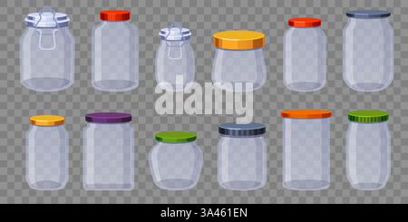 Sistemare i vasetti di vetro. Contenitori di forme diverse con coperchi colorati. Cibo in scatola. Conservazione di frutta e verdura. Confezioni varie, bottiglie di vetreria Illustrazione Vettoriale