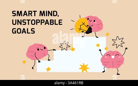 Poster dei personaggi cerebrali. Mascotte cartoon Funny Mind con lampadina idea, startup di successo, scaletta di carriera, organo umano intelligente, banner aziendale per l'istruzione Illustrazione Vettoriale