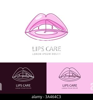 Labbra femminili in monolina rosa astratta, emblema con logo modello di design. Illustrazione vettoriale. Concetto per salone di bellezza, etichetta cosmetica per il trucco Illustrazione Vettoriale