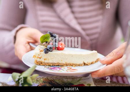 Non cuocere la cheesecake con un ricco ripieno di formaggio e una base croccante. Fetta di cheesecake ricoperta di lamponi e chokeberries. Festa estiva. Foto Stock