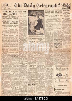 1948 la prima pagina del Daily Telegraph riportava l'assassinio di Mahatma Gandhi e Tudor IV Star Tiger in rotta verso le Bermuda Foto Stock