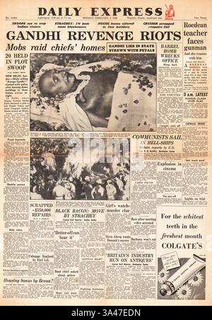 1948 la prima pagina del Daily Express riporta l'assassinio di Mahatma Gandhi e dell'incidente aereo Tudor IV Star Tiger in rotta verso le Bermuda Foto Stock