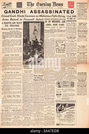 1948 Evening News (Londra) in prima pagina, che riporta l'assassinio di Mahatma Gandhi e dell'incidente aereo Tudor IV Star Tiger in rotta verso le Bermuda Foto Stock