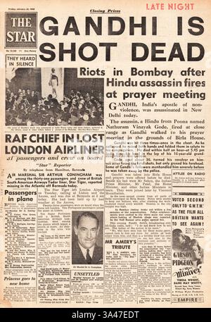 1948 la prima pagina di The Star (Londra) riporta l'assassinio di Mahatma Gandhi e Tudor IV Star Tiger in rotta verso le Bermuda Foto Stock