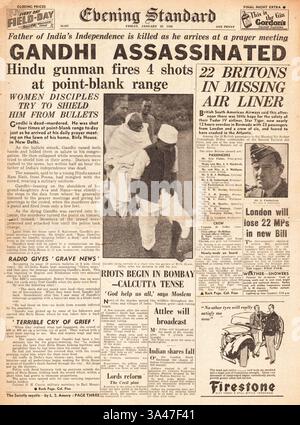 1948 Evening Standard (Londra) prima pagina che riporta l'assassinio del Mahatma Gandhi e dell'incidente aereo Tudor IV Star Tiger in rotta verso le Bermuda Foto Stock