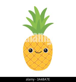 Carino personaggio dei cartoni animati di ananas alla frutta isolato su sfondo bianco. Divertente, positivo e amichevole icona del viso con emoticon all'ananas. Illustrazione Vettoriale