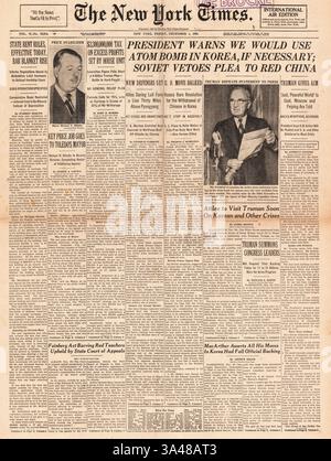 1950 la prima pagina del New York Times riporta la Guerra di Corea e Truman minaccia di usare una bomba atomica Foto Stock