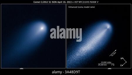 28 novembre 2013 - Hubble cattura la Cometa ISON. Data: 10 aprile 2013. Questa immagine della cometa (C/2012 S1) del NASA Hubble Space Telescope ISON è stata fotografata il 10 aprile, quando la cometa era leggermente più vicina all'orbita di Giove a una distanza di 386 milioni di miglia dal Sole (394 milioni di miglia dalla Terra). Anche a tale distanza la cometa è già attiva quando la luce solare riscalda la superficie e causa la sublimazione dei volatili congelati. Un'analisi dettagliata del coma di polvere che circonda il nucleo solido e ghiacciato rivela un forte getto che esplode particelle di polvere dal lato rivolto verso il sole del nucleo della cometa. Prelimina Foto Stock