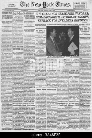 1950 prima pagina del New York Times che riporta la guerra di Corea Foto Stock