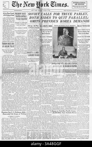 1951 la prima pagina coreana del New York Times riporta la proposta di pace della guerra di Corea Foto Stock