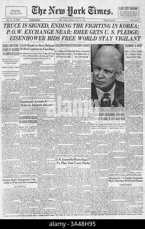 1953 prima pagina del New York Times che riporta la fine della guerra di Corea Foto Stock