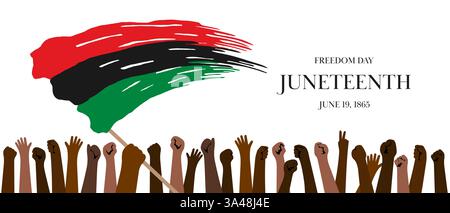 Striscione orizzontale del primo giorno della libertà con pugni rialzati che simboleggiano la libertà, la giustizia e l'unità. Bandiera juneteenth stilizzata con effetto pennello. Significato storico tipografia 19 giugno 1865. Illustrazione Vettoriale