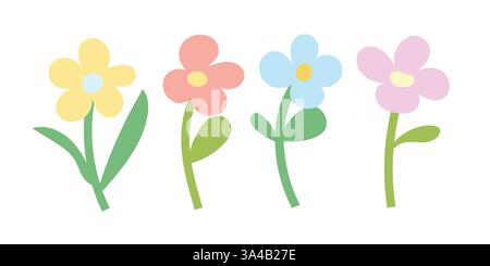 Fiori pastello piatti in rosa, giallo e blu. Ideale per decorazioni stagionali, illustrazioni a tema naturale, artigianato fai da te e biglietti d'auguri floreali Illustrazione Vettoriale