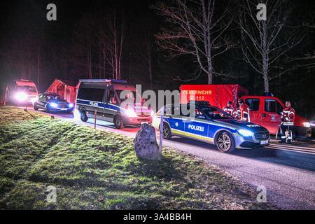 Hornberg, Germania. 18 marzo 2025. I vigili del fuoco e la polizia prendono parte a un'operazione di ricerca dopo la scomparsa di un bambino di due anni. Un bambino di due anni del distretto di Ortenau nel Baden-Württemberg è stato trovato illeso nella foresta dopo un'operazione di ricerca di un'ora. Credito: Marius Bulling/dpa/Alamy Live News Foto Stock