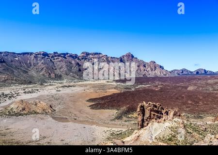 Vista panoramica della caldera del vulcano del monte Teide che mostra lava solidificata e rocce colorate a Tenerife, Isole Canarie, Spagna Foto Stock