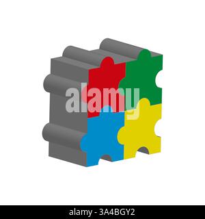 Blocco puzzle 3D. Pezzi colorati a incastro. Forma geometrica astratta. Design vettoriale isometrico. Illustrazione Vettoriale