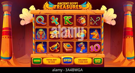 Slot machine di gioco del casinò online con elementi dell'antico Egitto. Simboli di interfaccia di gioco vettoriale cartoni animati di faraoni, scarabei, geroglifici e treasu Illustrazione Vettoriale