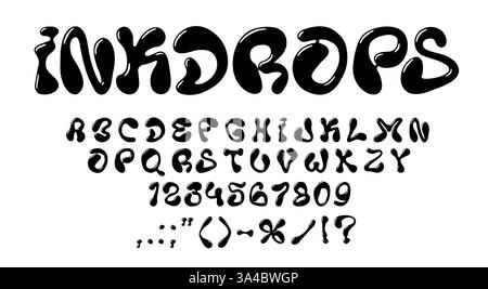 Carattere a bolle liquide, caratteri y2k 3d, caratteri ondulati funky, alfabeto inglese scanalato. L'inchiostro nero per tipografia vettoriale elimina le lettere e i numeri dei font impostati. Illustrazione Vettoriale