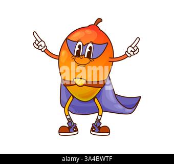 Supereroe del mango gotico o supereroe della frutta maschera e mantello, vettore dei cartoni animati. Divertente supereroe di mango con faccia felice e mantello di potere Illustrazione Vettoriale