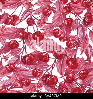 Motivo senza cuciture ciliegia sul ramo con foglie. I ciliegi fioriscono. Illustrazione monocromatica ad acquerello isolata dallo sfondo. Bacche rosse mature Foto Stock