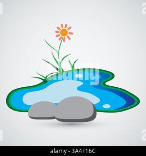 Illustrazione di uno stagno naturale di fiori, rocce e piante erbose Illustrazione Vettoriale