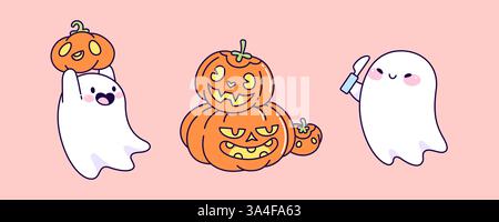 Fantasmi e zucche di Halloween isolati su sfondo rosa. Illustrazione vettoriale di una spaventosa mascotte bianca in stile kawaii sorridente, che tiene in mano il coltello, decorazione di Jack Lantern, simboli delle festività Illustrazione Vettoriale