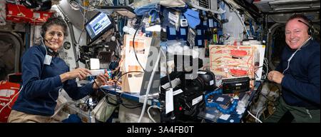 Atmosfera terrestre. 23 agosto 2024. (Da sinistra) gli astronauti della NASA Suni Williams e Butch Wilmore eseguono lavori di manutenzione sul sistema di gestione dell'acqua dello stabilimento (PWM). Il duo sta studiando come la fisica dei fluidi, come la tensione superficiale, l'idroponica o la circolazione dell'aria, possa superare la mancanza di gravità quando si annaffiano e nutrono piante coltivate nello spazio. Il PWM, situato nel modulo Harmony della stazione, utilizza strutture per promuovere le attività agricole spaziali sui veicoli spaziali e sull'habitat spaziale. (Credit Image: © NASA/ZUMA Press Wire) SOLO PER USO EDITORIALE! Non per USO commerciale! Foto Stock