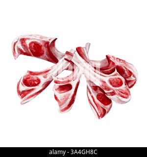 Molta carne sull'osso. Costolette per grigliate e barbecue. Carne cruda. Illustrazione acquerello isolata dallo sfondo. Manzo e agnello. Foto Stock