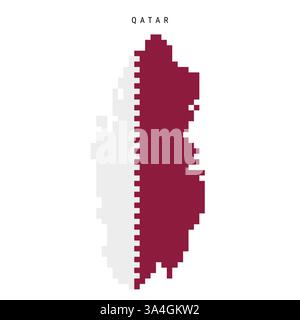 Icona della mappa della bandiera pixel del Qatar. Mappa Qatari art a 8 bit coperta da flag. Illustrazione piatta isolata su sfondo bianco. Foto Stock