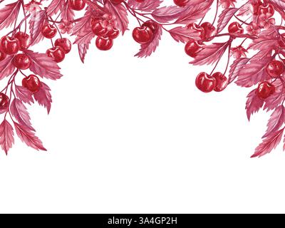 Telaio con rami di ciliegio situati sulla parte superiore. Ramoscelli di ciliegie di bacche rosse. Illustrazione in acquerello in stile monocromatico isolata dallo sfondo. Per Foto Stock