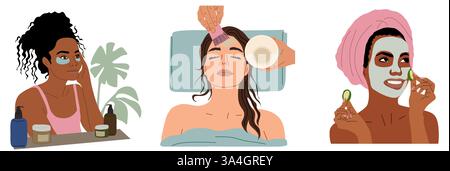 Illustrazioni vettoriali di donne che si godono la cura della pelle Illustrazione Vettoriale