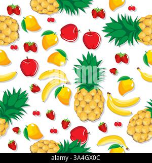 Frutti misti di mango ananas fragola banana ciliegia motivo senza cuciture su sfondo bianco per carta da parati, motivo, Web, blog, superficie, trame. Illustrazione Vettoriale