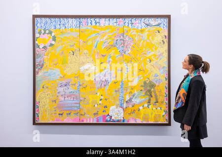 (Solo per la stampa editoriale - niente libri) Serpentine North, Londra, Regno Unito. 19 marzo 2025. Remember (20 marzo-27 luglio 2025) è la prima mostra personale di Arpita Singh (nato nel 1937) fuori dall'India, con opere chiave della sua prolifica carriera che abbraccia più di sei decenni. I dipinti di Singh sono incentrati sul suo stato emotivo e psicologico, attingendo all'arte popolare bengalese e alle storie indiane, intrecciati con esperienze di sconvolgimenti sociali e conflitti globali. Crediti: Malcolm Park/Alamy Live News Foto Stock