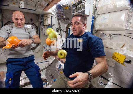 28 luglio 2013 - gli astronauti Chris Cassidy e Luca Parmitano..Expedition 36 sulla stazione spaziale Internazionale - 2013..l'astronauta dell'Agenzia spaziale europea Luca Parmitano (a sinistra) e l'astronauta della NASA Chris Cassidy, entrambi ingegneri di volo della Expedition 36, sono ritratti vicino alla frutta fresca che galleggia liberamente nel nodo Unity della stazione spaziale Internazionale. (Immagine di credito: © NASA/ZUMA Wire) Foto Stock