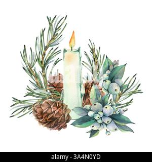 Candela bianca ardente decorata con bacche di neve, rami di pino e coni. Anno nuovo, illustrazione acquerello natalizio, disegnato a mano. Composizione Foto Stock