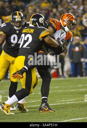 28 dicembre 2014 - Pittsburgh, Pennsylvania, U. S - il linebacker esterno dei Pittsburgh Steelers James Harrison (92) giocò durante la partita. I Pittsburgh Steelers sconfissero i Cincinnati Bengals 27-17 domenica sera all'Heinz Field per vincere il titolo di Division della AFC North. (Immagine di credito: © Brian Kunst/ZUMA Wire) Foto Stock