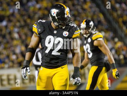 28 dicembre 2014 - Pittsburgh, Pennsylvania, U. S - il linebacker esterno dei Pittsburgh Steelers James Harrison (92) durante la partita. I Pittsburgh Steelers sconfissero i Cincinnati Bengals 27-17 domenica sera all'Heinz Field per vincere il titolo di Division della AFC North. (Immagine di credito: © Brian Kunst/ZUMA Wire) Foto Stock
