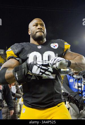 28 dicembre 2014 - Pittsburgh, Pennsylvania, U. S - il linebacker esterno dei Pittsburgh Steelers James Harrison (92) dopo la partita. I Pittsburgh Steelers sconfissero i Cincinnati Bengals 27-17 domenica sera all'Heinz Field per vincere il titolo di Division della AFC North. (Immagine di credito: © Brian Kunst/ZUMA Wire) Foto Stock