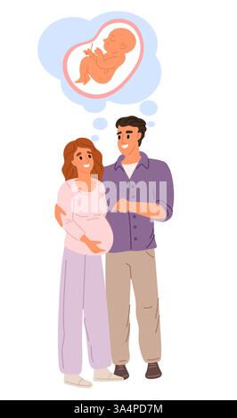 Giovane coppia in attesa di un parto. Donna incinta e bell'uomo che pensa al neonato. Moglie e marito abbracciano. Felice gravidanza e.. Illustrazione Vettoriale