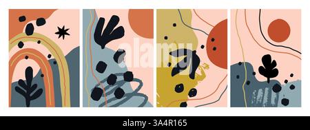 Scheda forme astratte. Doodle macchie e punti. Stile primitivo sciocco. Tracciare linee di curva. Pennellate di pittura. Pennello grunge stins. Artistico Illustrazione Vettoriale