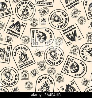 Timbro campeggio. Fantasia perfetta per l'avventura all'aperto. Segni di tenuta del falò. Viaggi escursionistici. Patch per campeggio. Spedizione esplorativa. Turismo di trekking Illustrazione Vettoriale